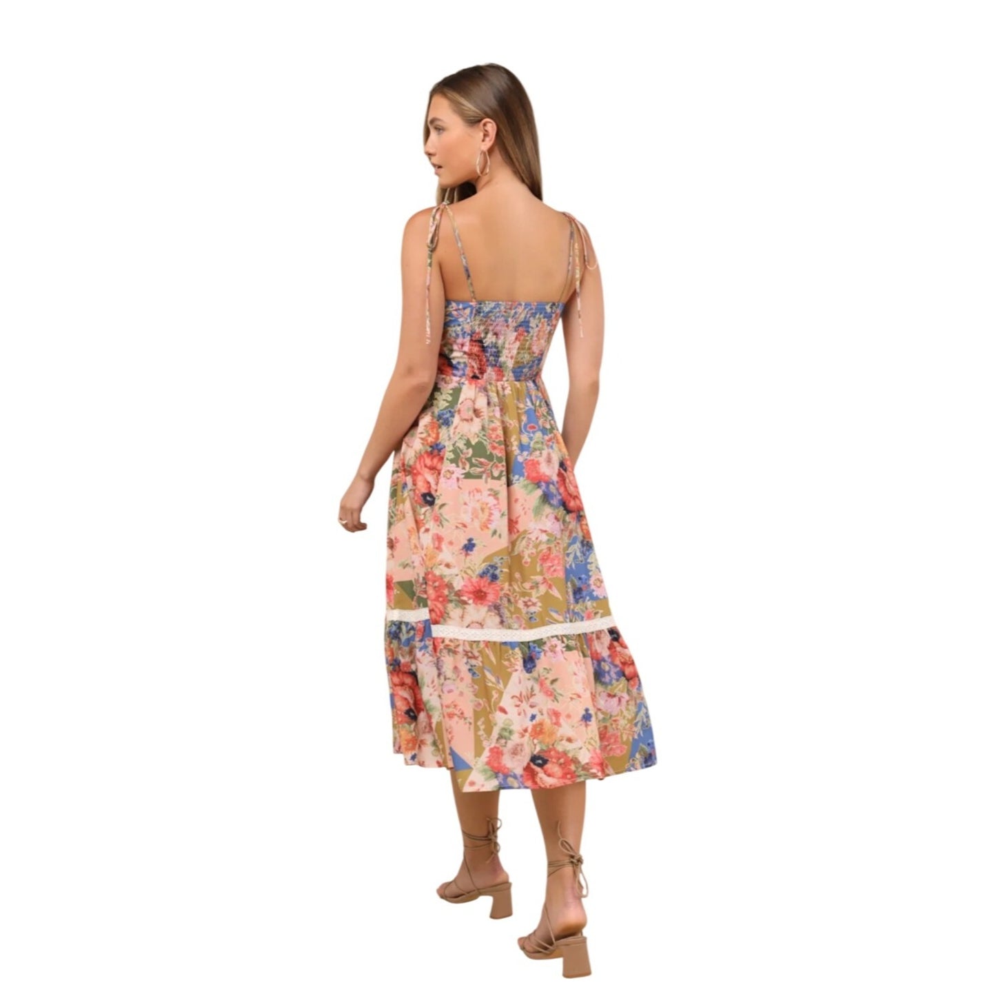 Lulu's NWT Ardith Light Pink Multi Floral Lace Tie Strap Midi Dress