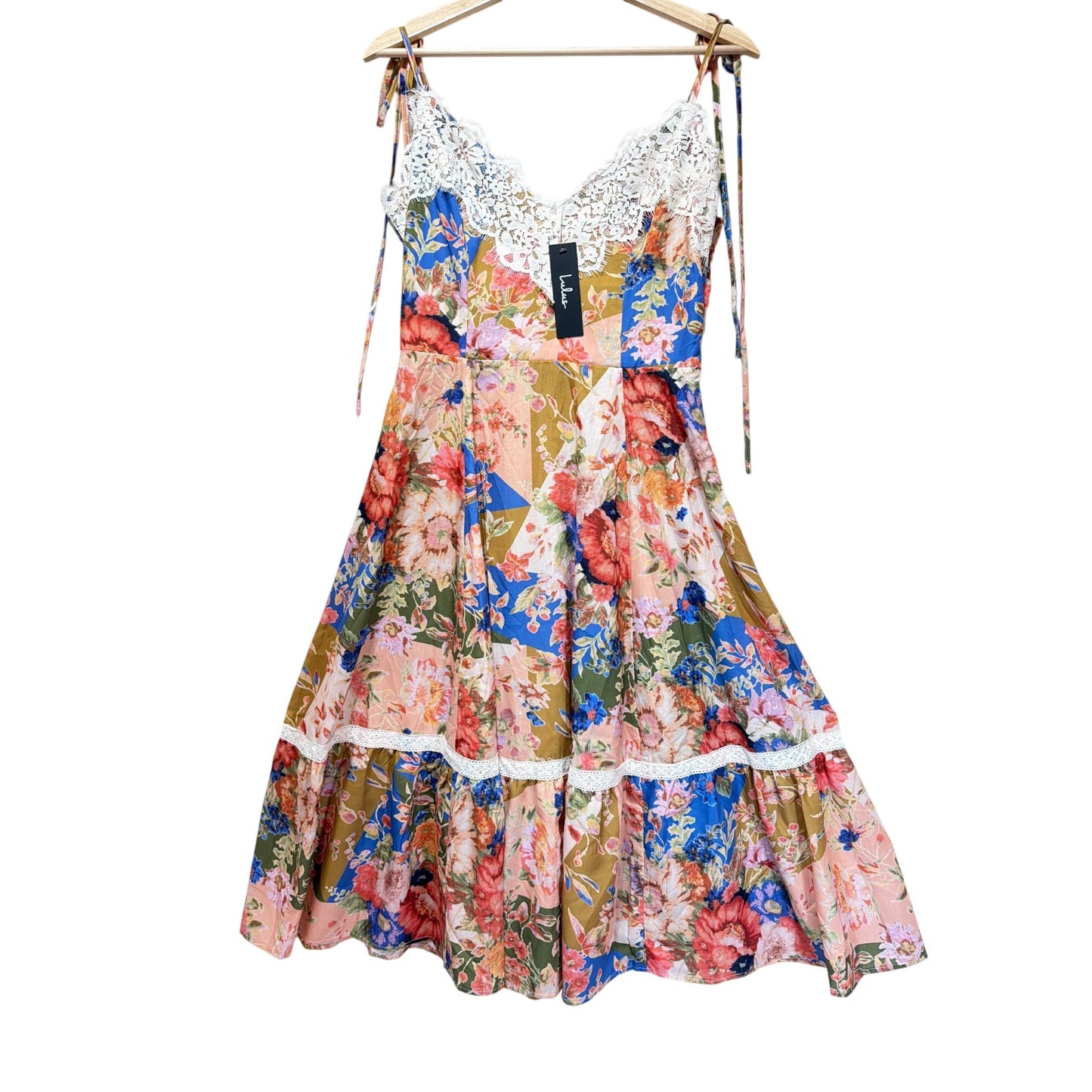 Lulu's NWT Ardith Light Pink Multi Floral Lace Tie Strap Midi Dress