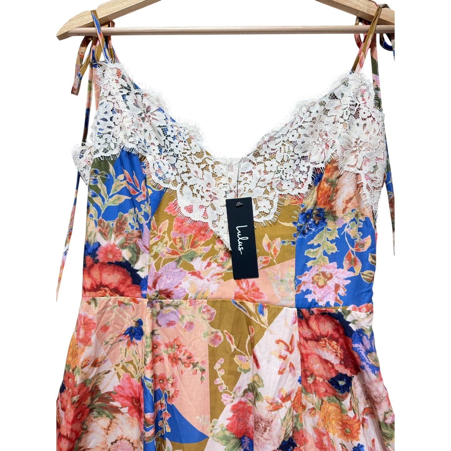 Lulu's NWT Ardith Light Pink Multi Floral Lace Tie Strap Midi Dress