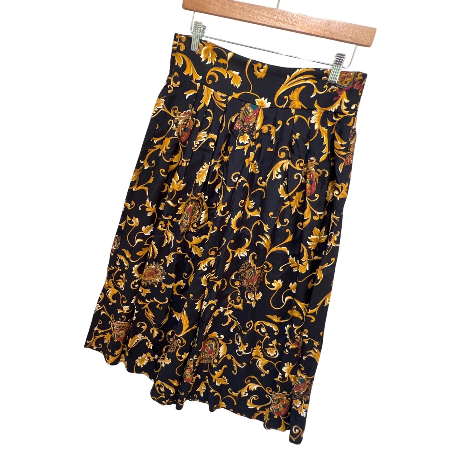 Itinerary Vintage 90s Baroque Filigree Print Culotte Palazzo Pants Elastic Waist 100% Rayon Black & Gold Size 12