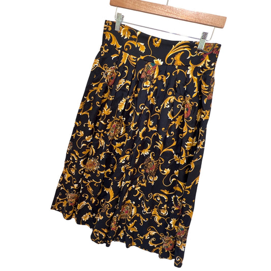 Itinerary Vintage 90s Baroque Filigree Print Culotte Palazzo Pants Elastic Waist 100% Rayon Black & Gold Size 12