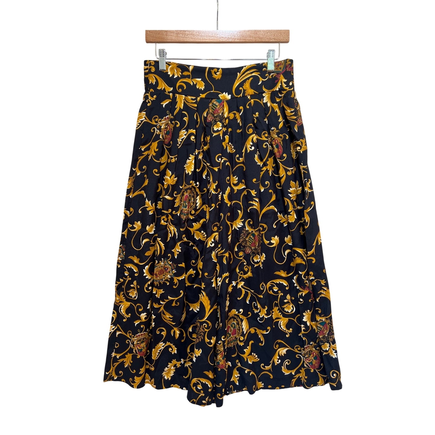 Itinerary Vintage 90s Baroque Filigree Print Culotte Palazzo Pants Elastic Waist 100% Rayon Black & Gold Size 12