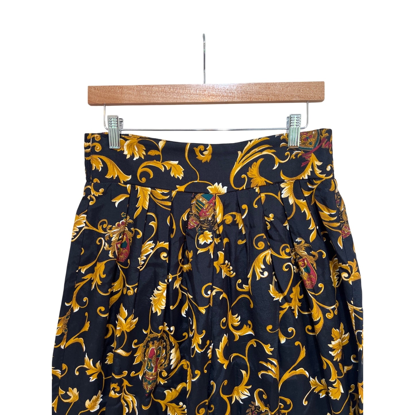 Itinerary Vintage 90s Baroque Filigree Print Culotte Palazzo Pants Elastic Waist 100% Rayon Black & Gold Size 12