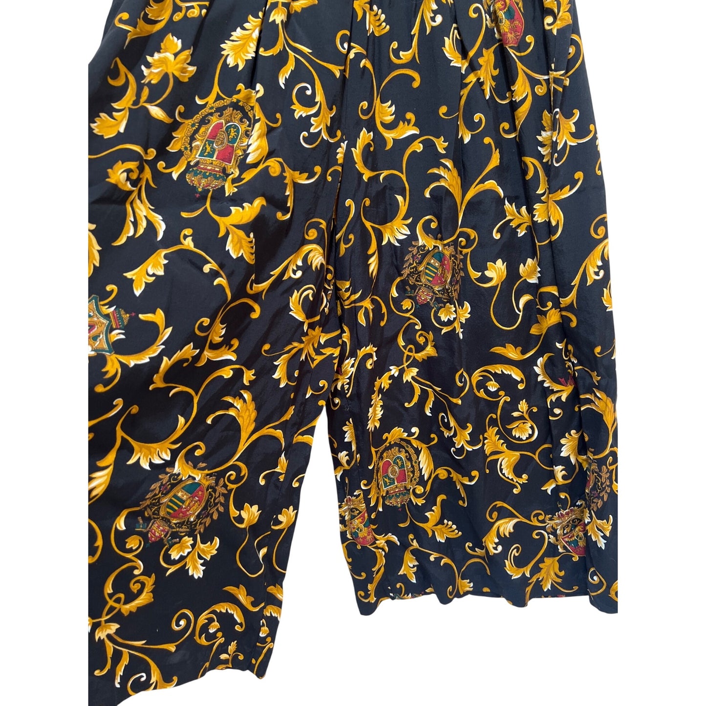 Itinerary Vintage 90s Baroque Filigree Print Culotte Palazzo Pants Elastic Waist 100% Rayon Black & Gold Size 12