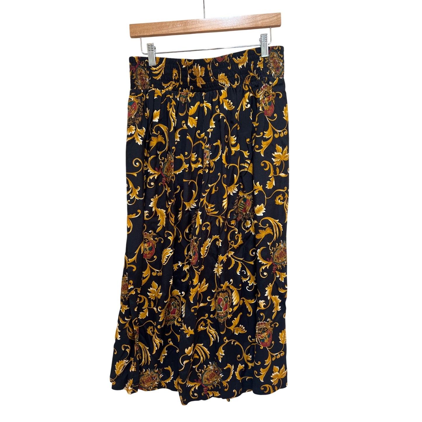 Itinerary Vintage 90s Baroque Filigree Print Culotte Palazzo Pants Elastic Waist 100% Rayon Black & Gold Size 12