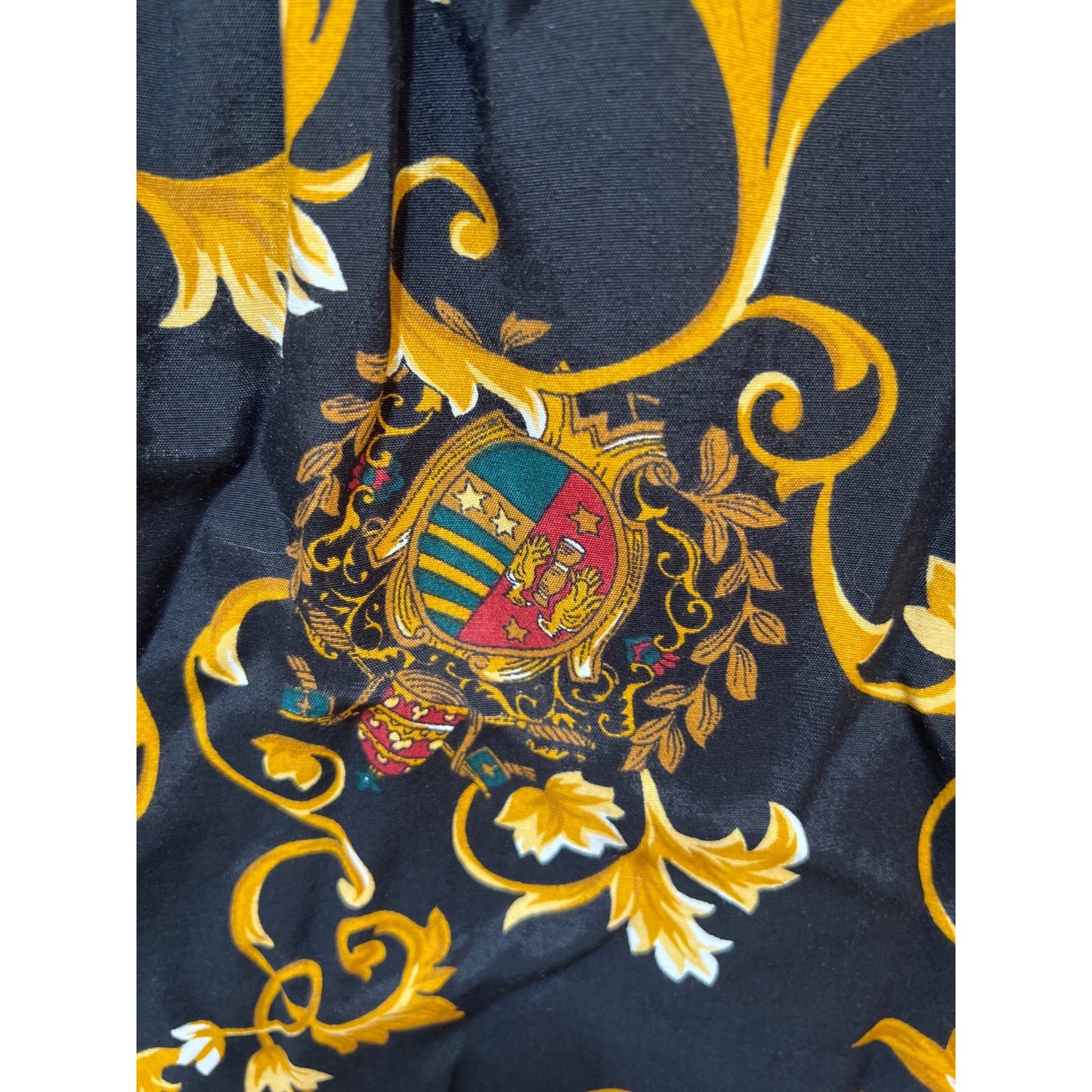 Itinerary Vintage 90s Baroque Filigree Print Culotte Palazzo Pants Elastic Waist 100% Rayon Black & Gold Size 12