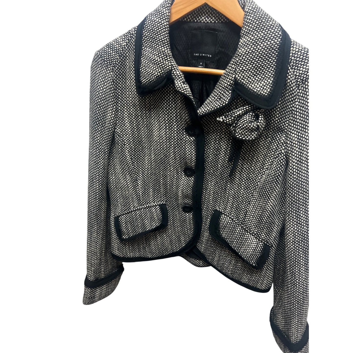 The Limited Black and Gray Tweed Floral Applique Tweed Wool Blend Blazer