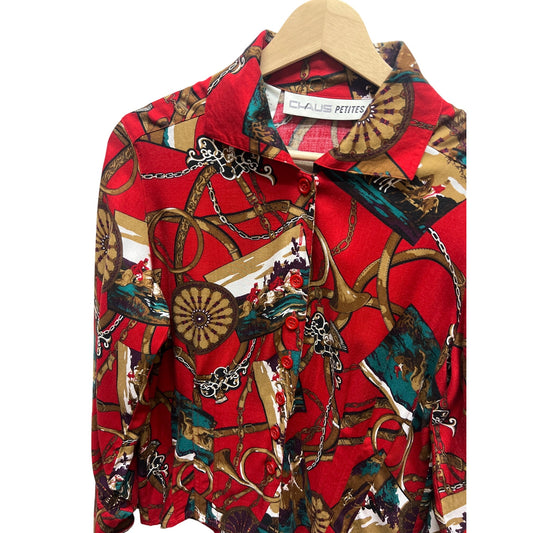 Chaus Petite Vintage 90's Red and Gold Equestrian Print Silk Blend Button Down Shirt