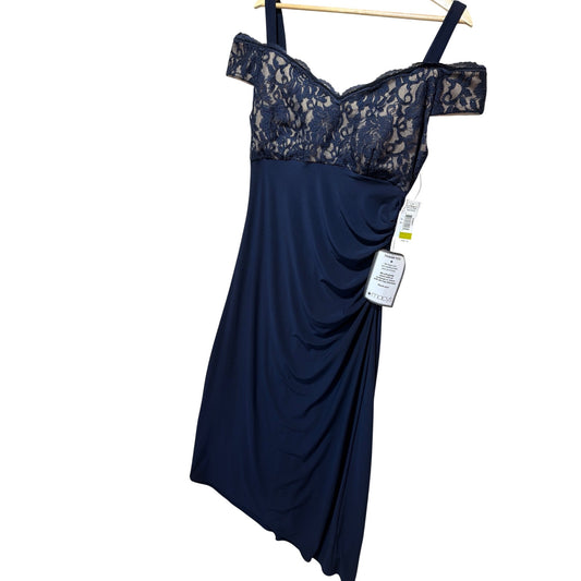 R&M Richards NWT Navy Lace & Ruched Gown Off-Shoulder Size 14 Elegant Formal Wear