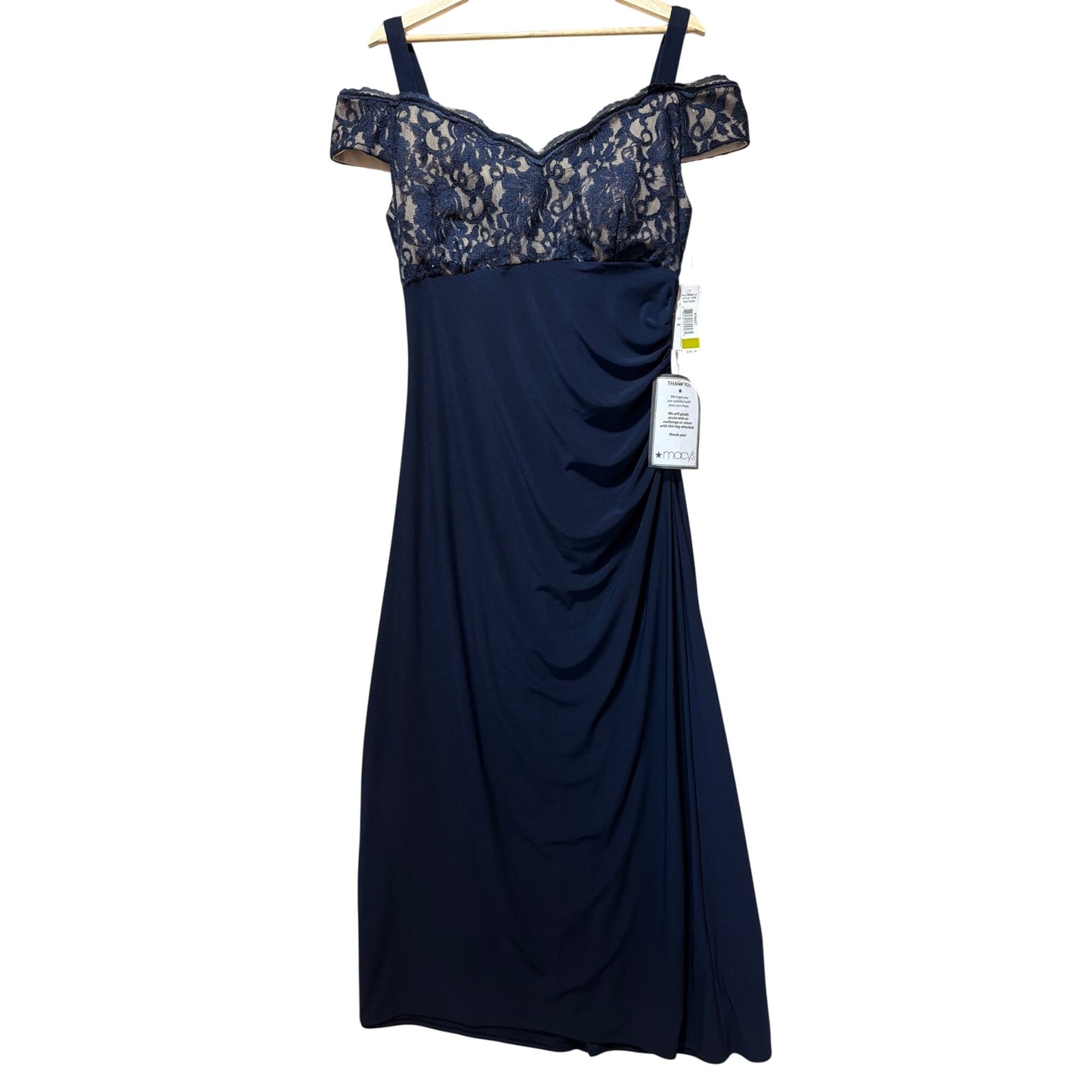 R&M Richards NWT Navy Lace & Ruched Gown Off-Shoulder Size 14 Elegant Formal Wear