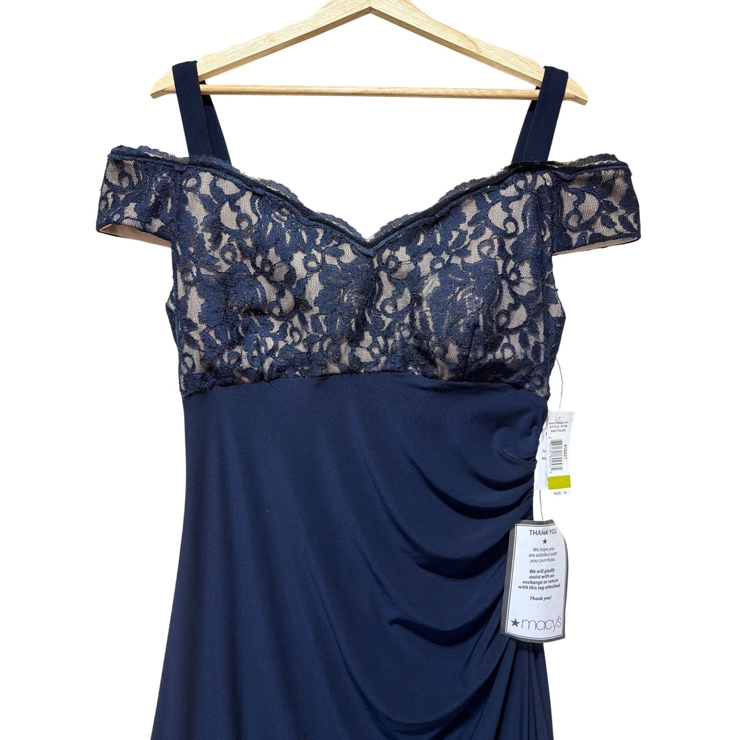 R&M Richards NWT Navy Lace & Ruched Gown Off-Shoulder Size 14 Elegant Formal Wear