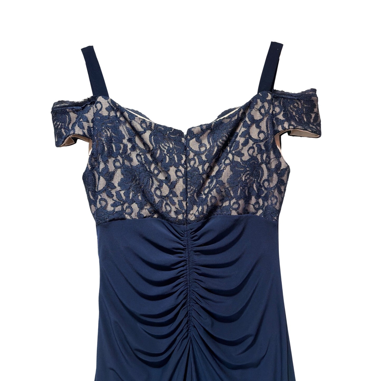 R&M Richards NWT Navy Lace & Ruched Gown Off-Shoulder Size 14 Elegant Formal Wear
