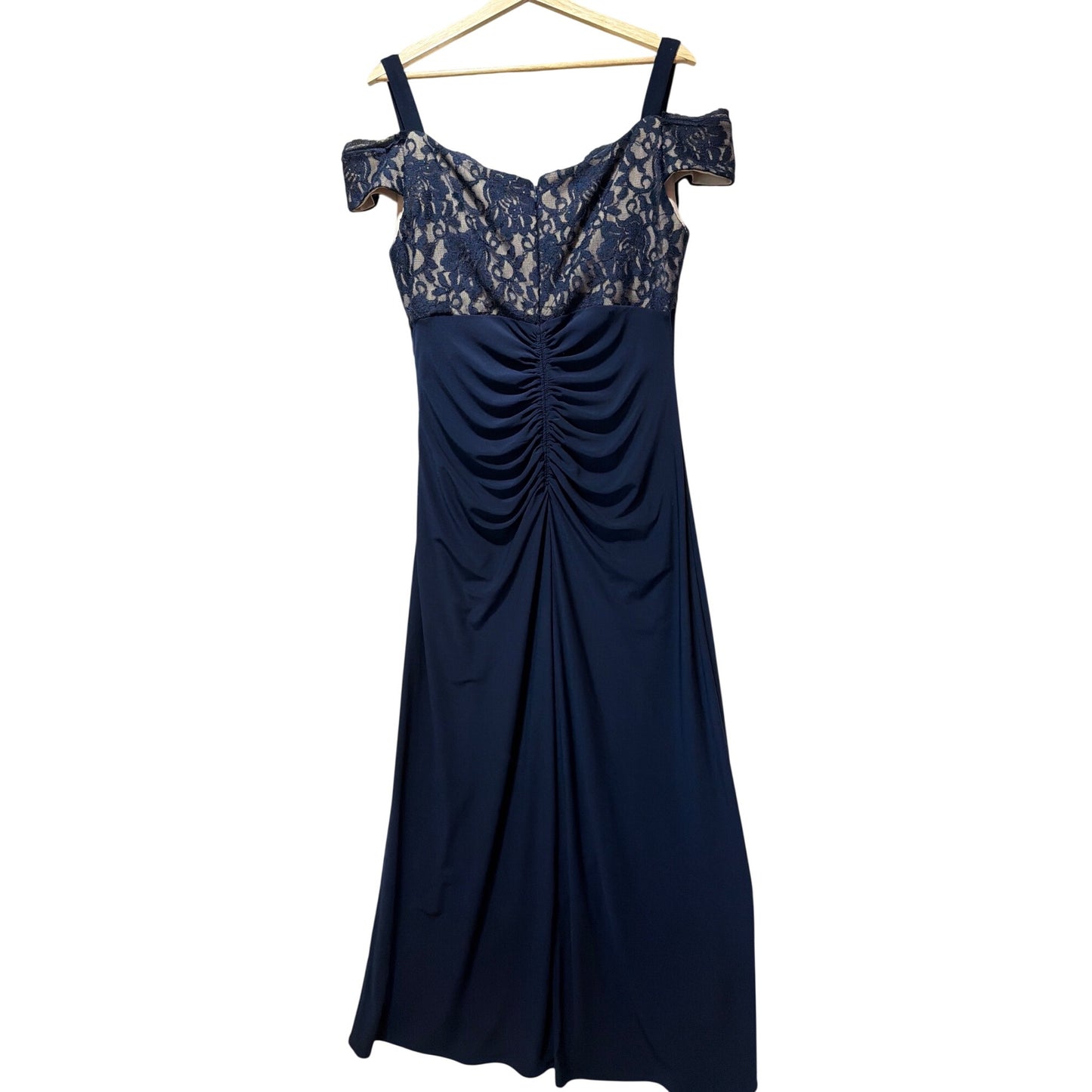 R&M Richards NWT Navy Lace & Ruched Gown Off-Shoulder Size 14 Elegant Formal Wear