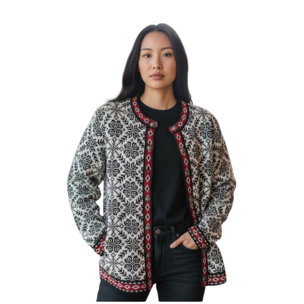 L.L. Bean Womens Nordic Fair Isle Snowflake Cardigan Pewter Button 100% Cotton Size 1X Navy & White Geometric Pattern With Red Trim