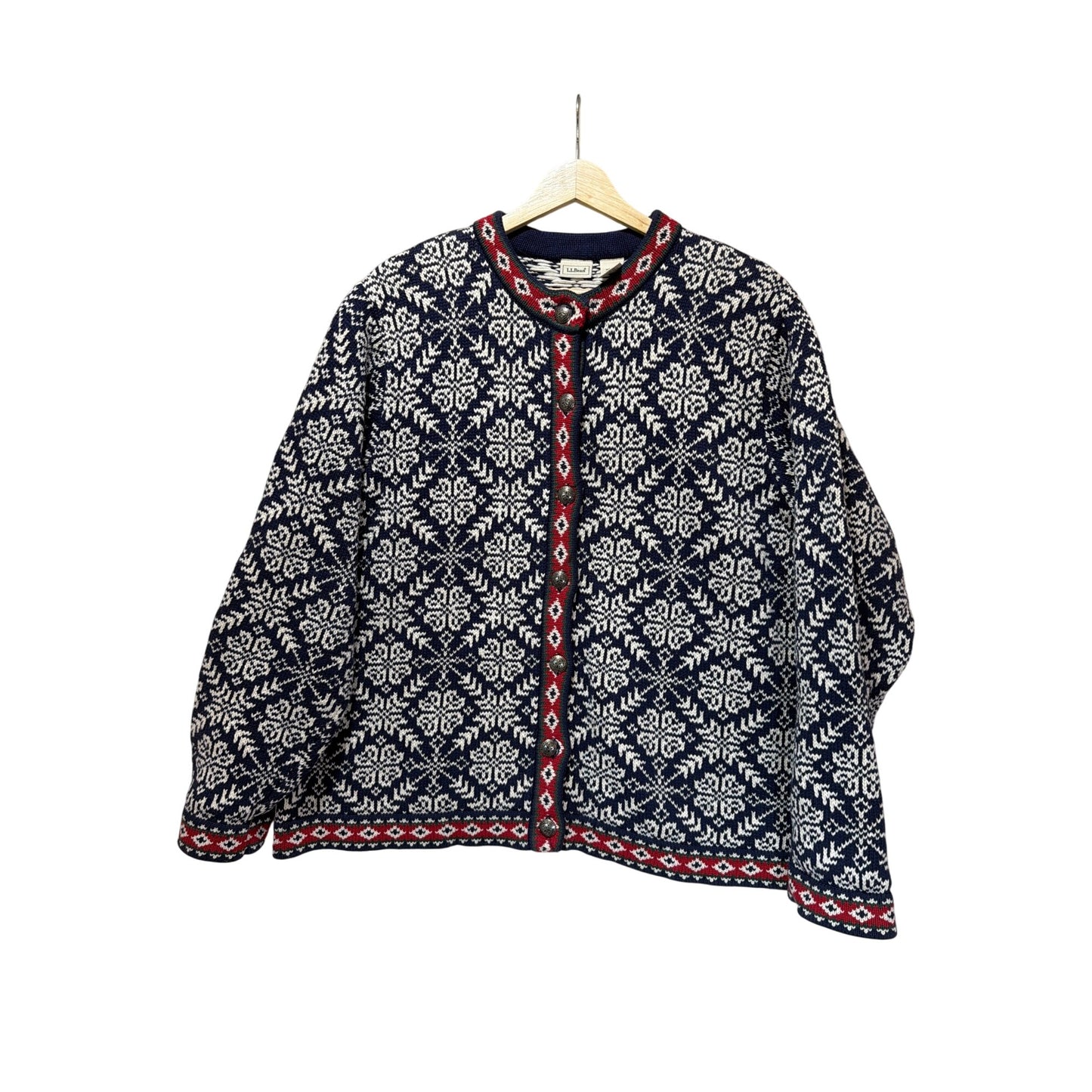 L.L. Bean Womens Nordic Fair Isle Snowflake Cardigan Pewter Button 100% Cotton Size 1X Navy & White Geometric Pattern With Red Trim