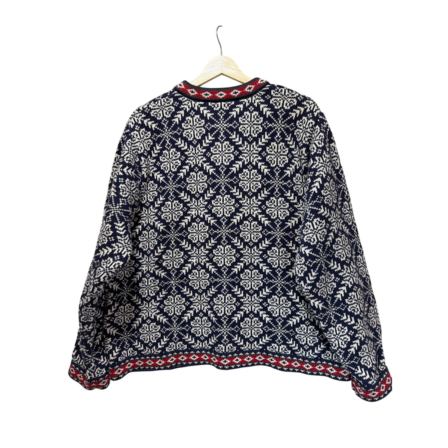 L.L. Bean Womens Nordic Fair Isle Snowflake Cardigan Pewter Button 100% Cotton Size 1X Navy & White Geometric Pattern With Red Trim
