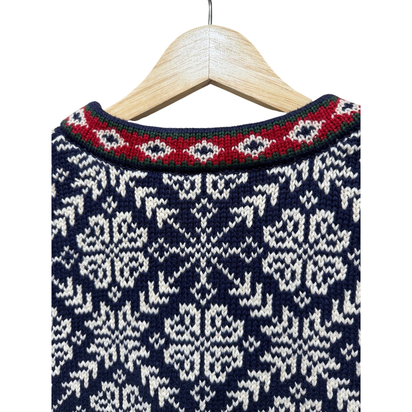 L.L. Bean Womens Nordic Fair Isle Snowflake Cardigan Pewter Button 100% Cotton Size 1X Navy & White Geometric Pattern With Red Trim