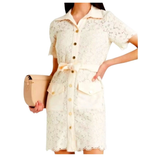 Sandro Adrienne NWOT Ivory and Pink Lace Overlay Shirt Dress