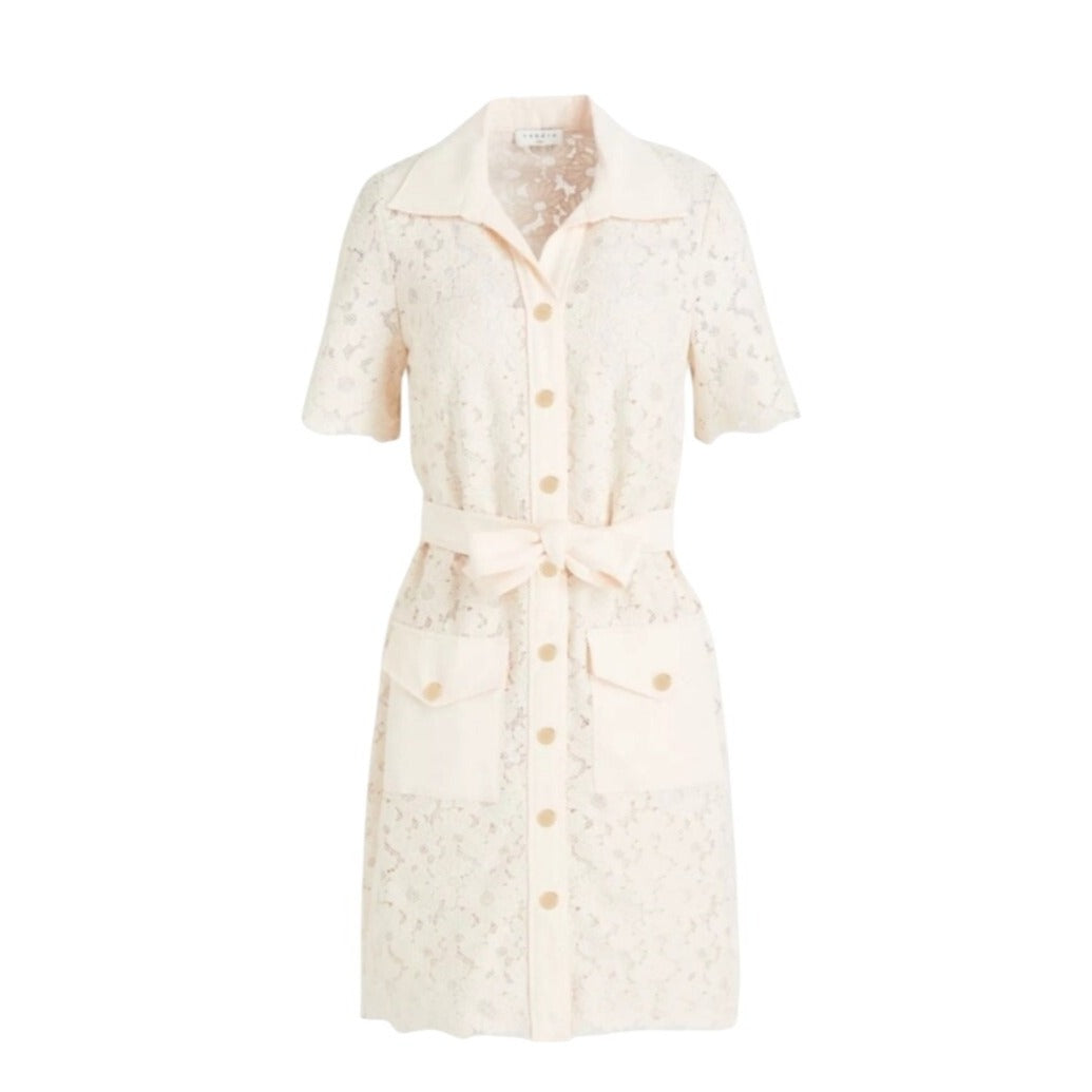 Sandro Adrienne NWOT Ivory and Pink Lace Overlay Shirt Dress