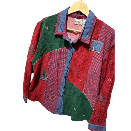 Napa Valley Petites Vintage 80s Colorblock Christmas Sweater Blouse Embroidered Trees & Stars Size M