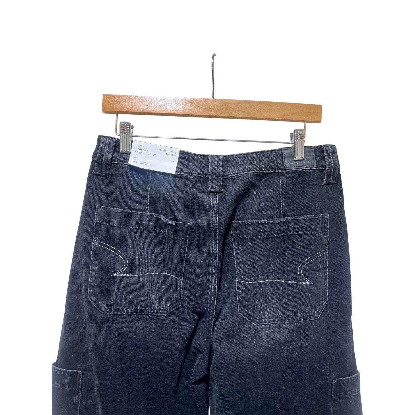 American Eagle NWT Black Super High-Rise Baggy Wide Leg Jeans Size 8 Comfort Stretch Waistband