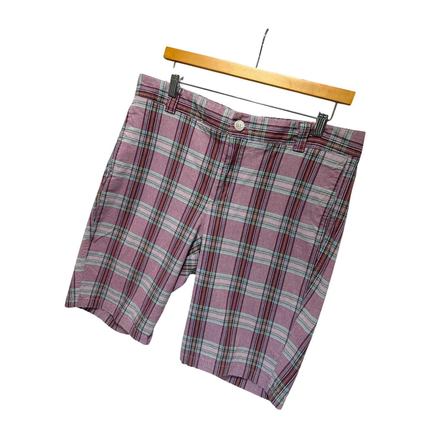 Dockers Collection Low Rise Slightly Curvy Pink & Tan Plaid Bermuda Chino Shorts Womens Size 12