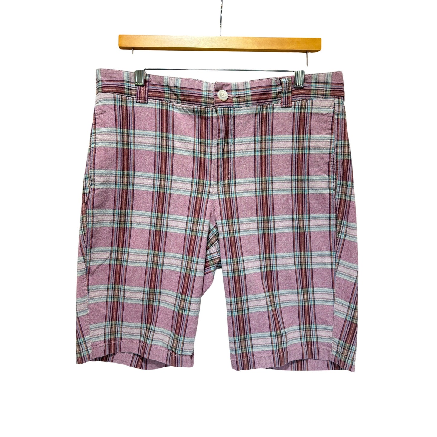 Dockers Collection Low Rise Slightly Curvy Pink & Tan Plaid Bermuda Chino Shorts Womens Size 12