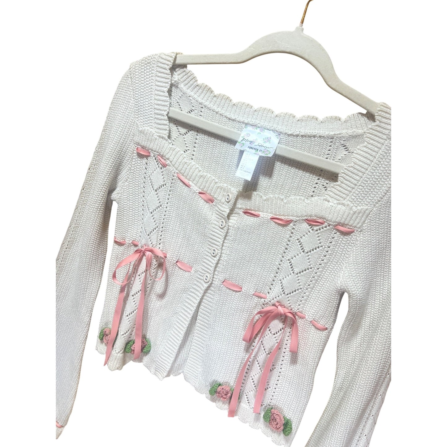 Betsy Johnson Forever 21 Floral Knit Cardigan With Pink Ribbons & Crochet Flowers Scalloped Hem S