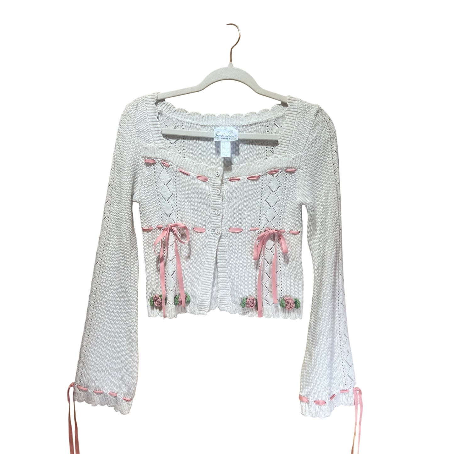 Betsy Johnson Forever 21 Floral Knit Cardigan With Pink Ribbons & Crochet Flowers Scalloped Hem S