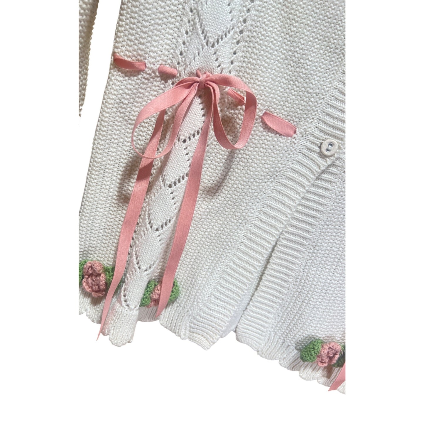 Betsy Johnson Forever 21 Floral Knit Cardigan With Pink Ribbons & Crochet Flowers Scalloped Hem S