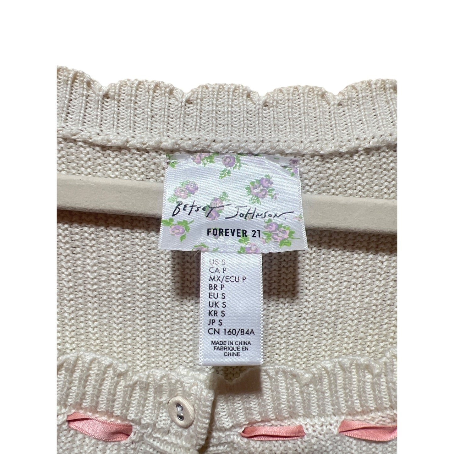 Betsy Johnson Forever 21 Floral Knit Cardigan With Pink Ribbons & Crochet Flowers Scalloped Hem S