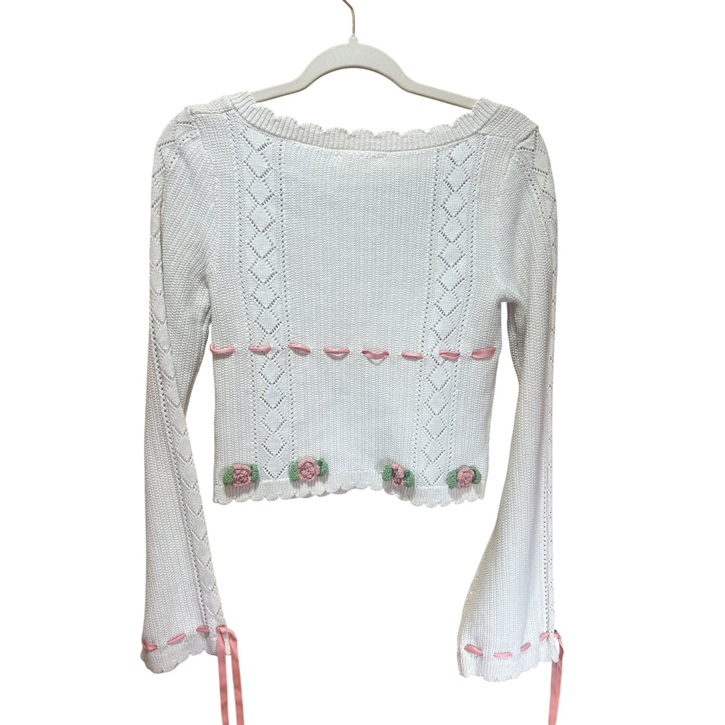 Betsy Johnson Forever 21 Floral Knit Cardigan With Pink Ribbons & Crochet Flowers Scalloped Hem S