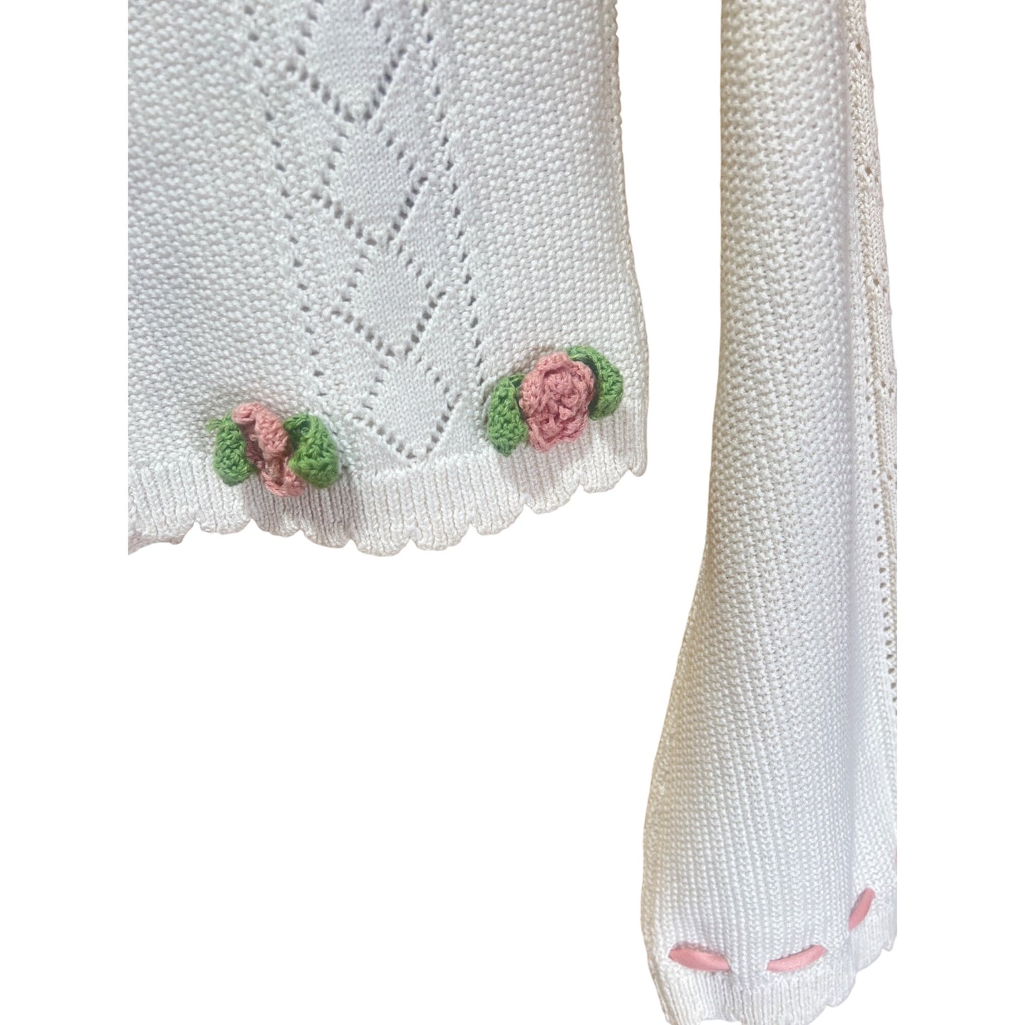 Betsy Johnson Forever 21 Floral Knit Cardigan With Pink Ribbons & Crochet Flowers Scalloped Hem S