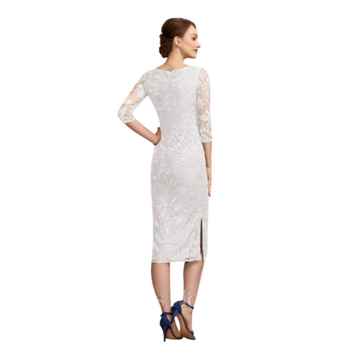 JJ's House NWT Elegant White Lace Pencil Midi Dress With 3/4 Sleeves & Back Slit – Weddings Or Special Occasions