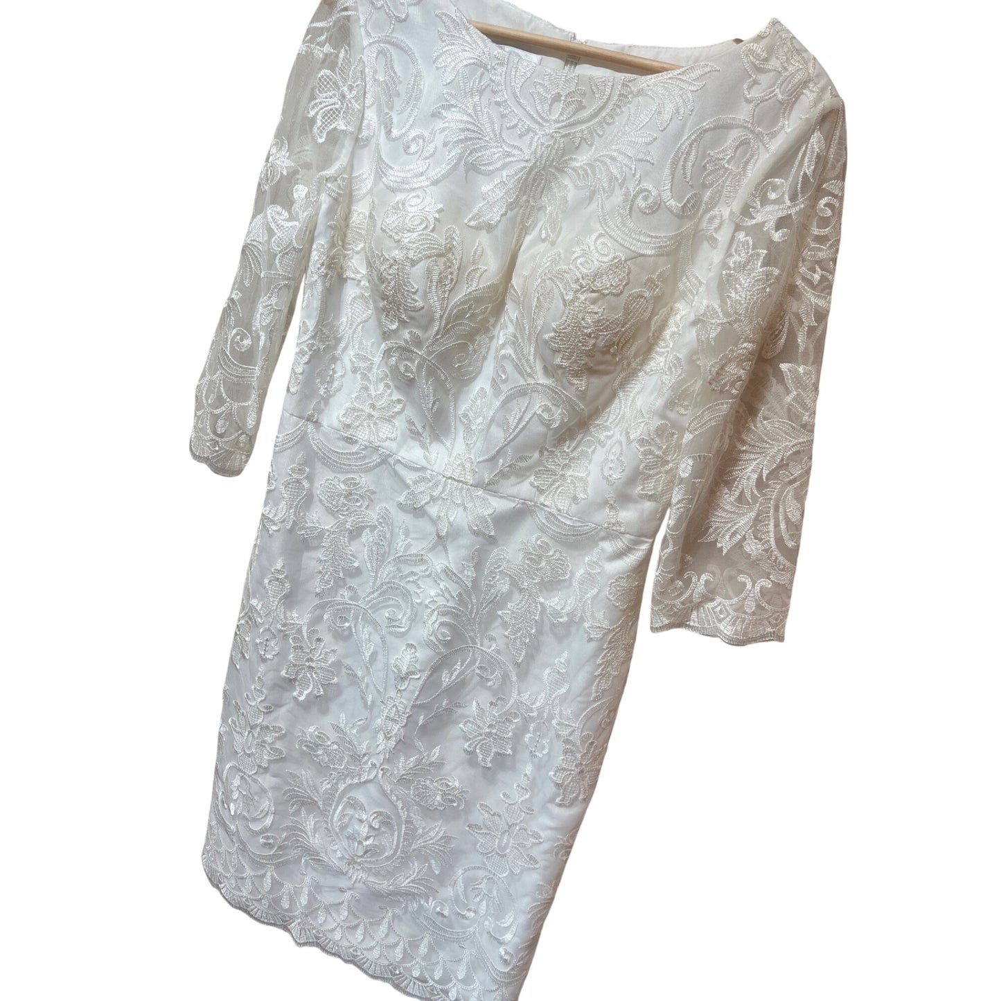 JJ's House NWT Elegant White Lace Pencil Midi Dress With 3/4 Sleeves & Back Slit – Weddings Or Special Occasions