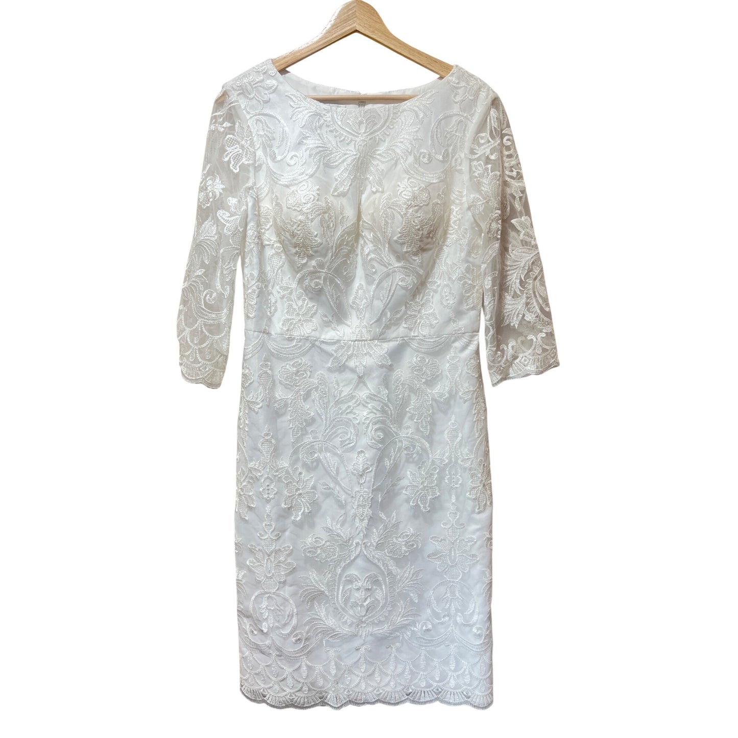 JJ's House NWT Elegant White Lace Pencil Midi Dress With 3/4 Sleeves & Back Slit – Weddings Or Special Occasions