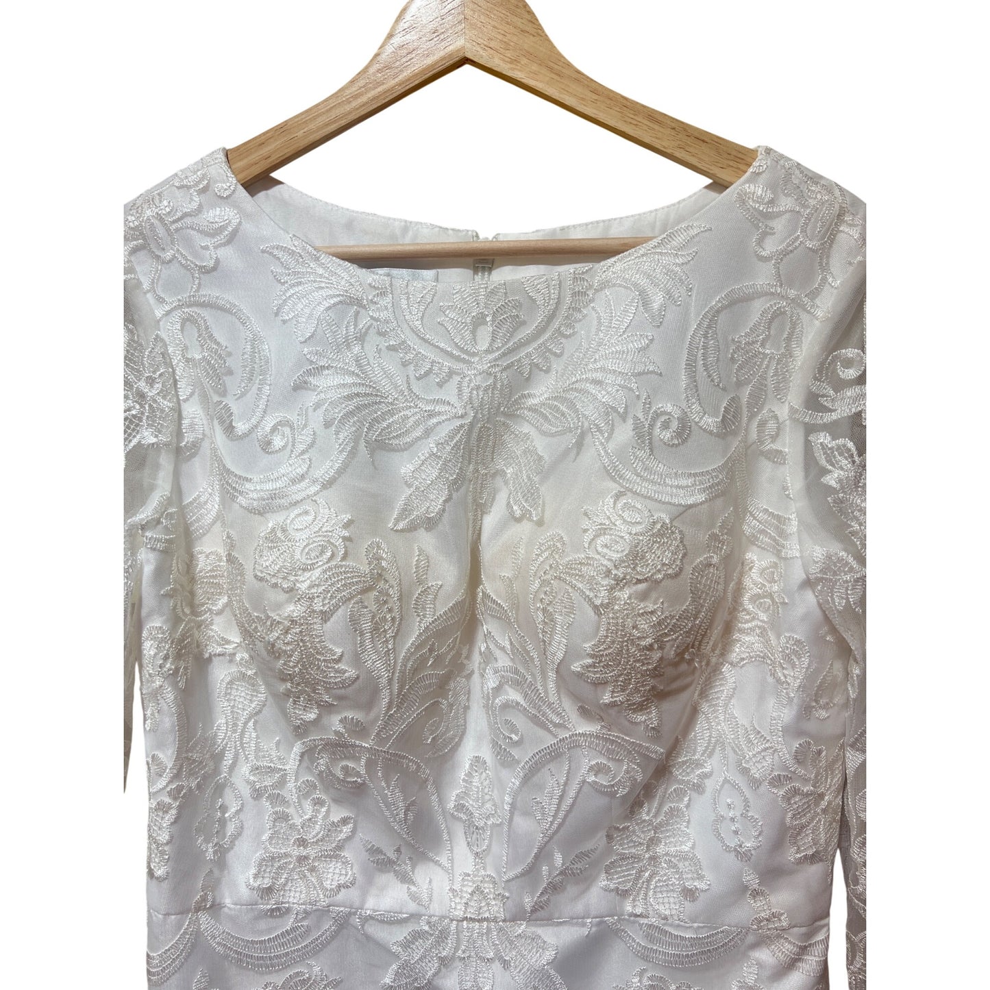 JJ's House NWT Elegant White Lace Pencil Midi Dress With 3/4 Sleeves & Back Slit – Weddings Or Special Occasions
