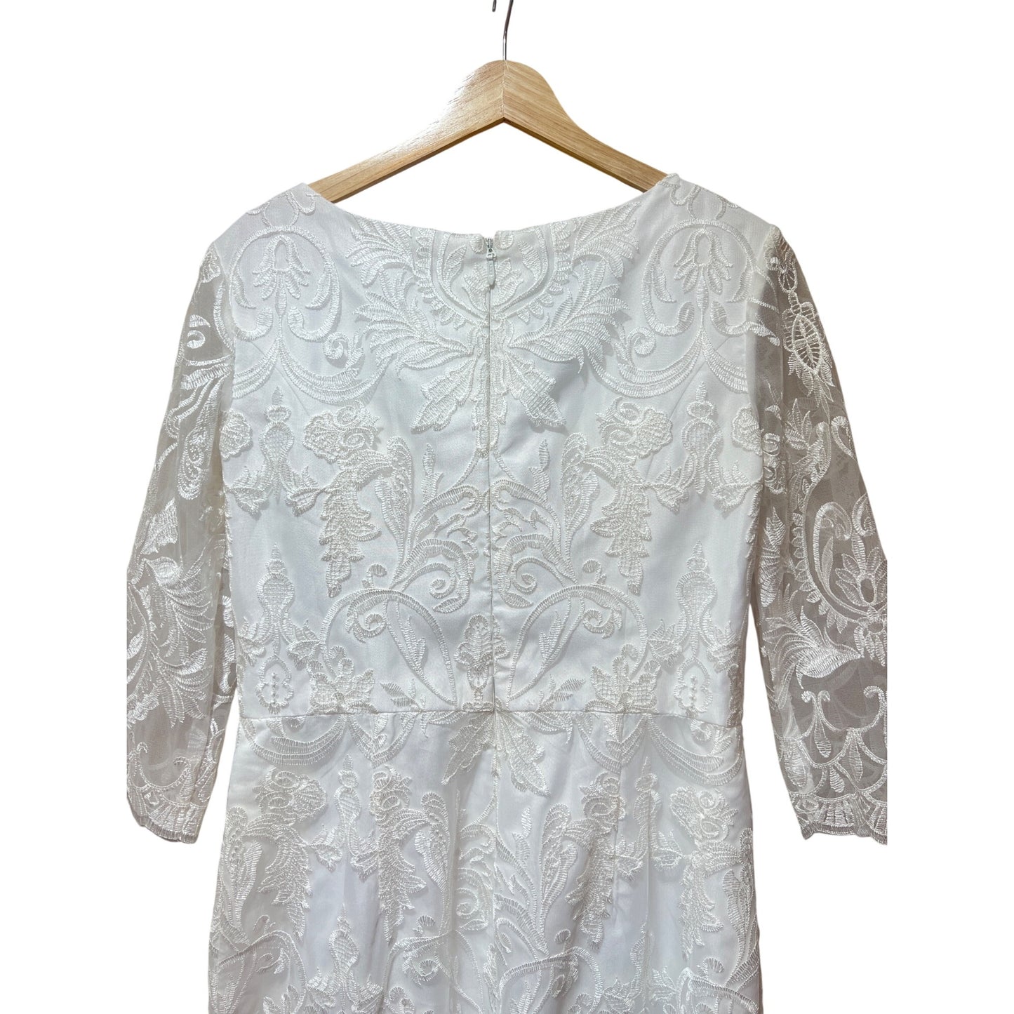 JJ's House NWT Elegant White Lace Pencil Midi Dress With 3/4 Sleeves & Back Slit – Weddings Or Special Occasions