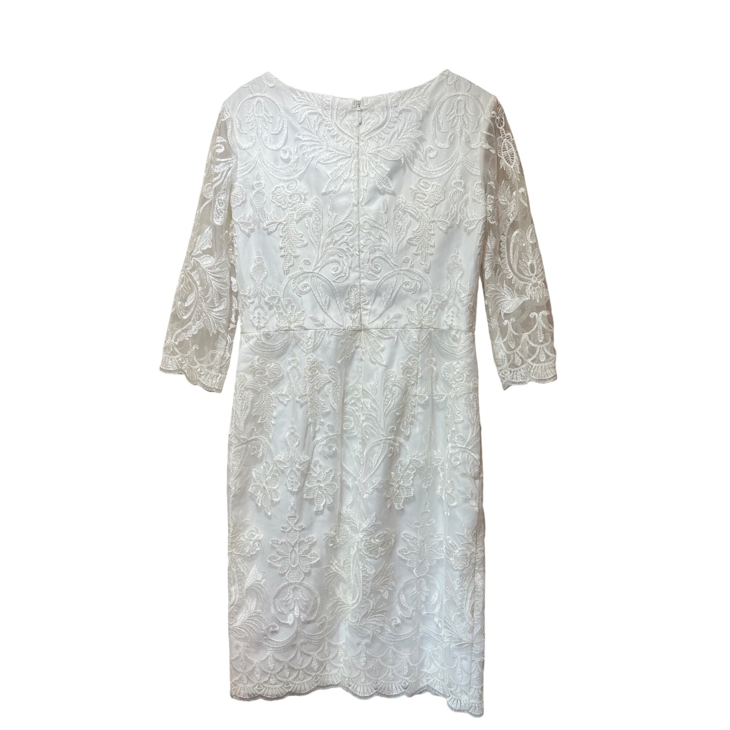 JJ's House NWT Elegant White Lace Pencil Midi Dress With 3/4 Sleeves & Back Slit – Weddings Or Special Occasions