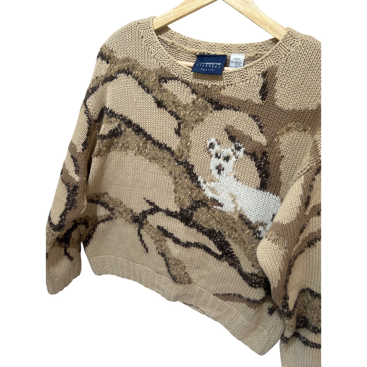 Liz Claiborne Lizsport Petite Sweater Beige Woodland Knit Koala on Branch Cotton Wool Blend