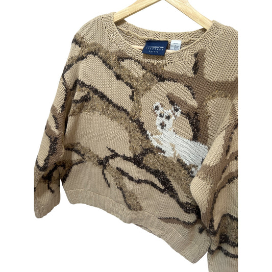 Liz Claiborne Lizsport Petite Sweater Beige Woodland Knit Koala on Branch Cotton Wool Blend