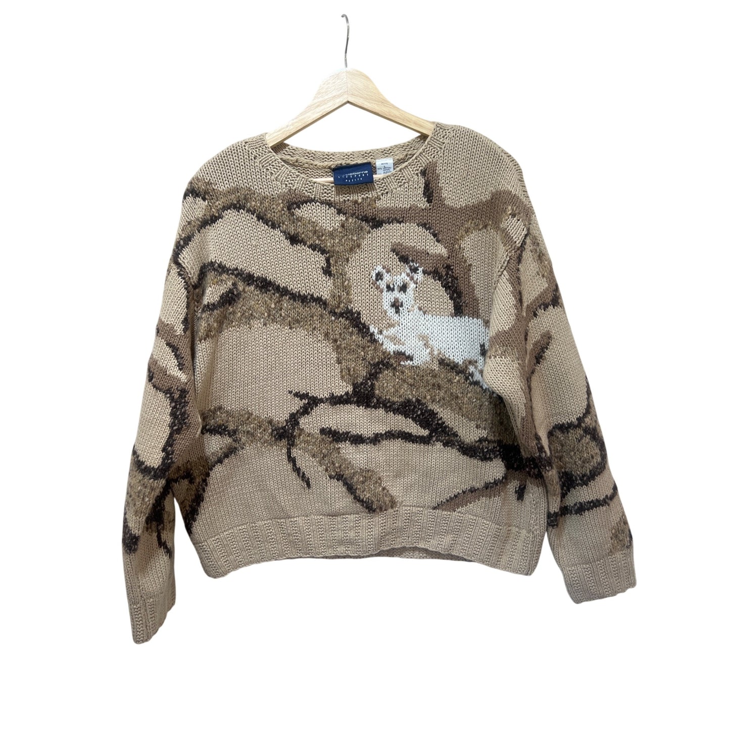 Liz Claiborne Lizsport Petite Sweater Beige Woodland Knit Koala on Branch Cotton Wool Blend