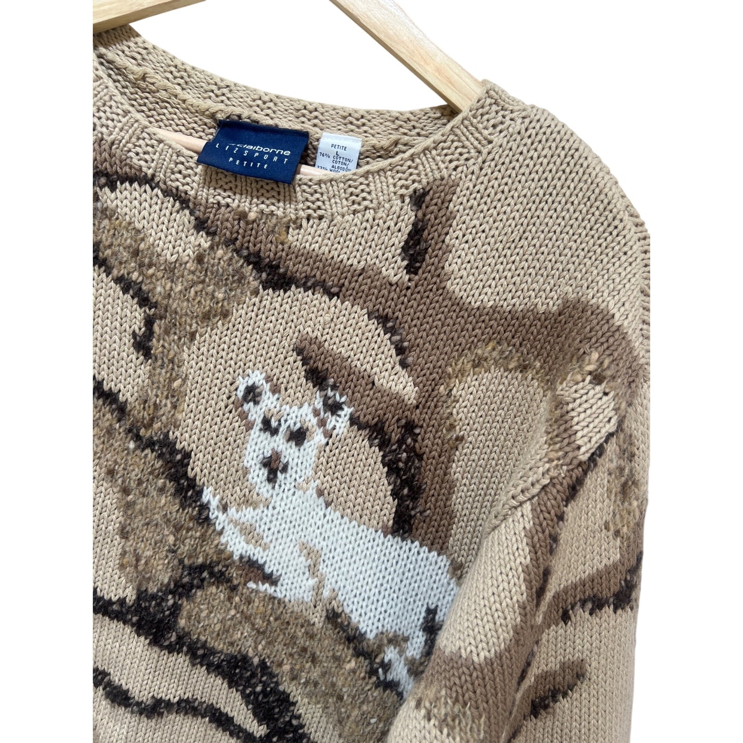 Liz Claiborne Lizsport Petite Sweater Beige Woodland Knit Koala on Branch Cotton Wool Blend