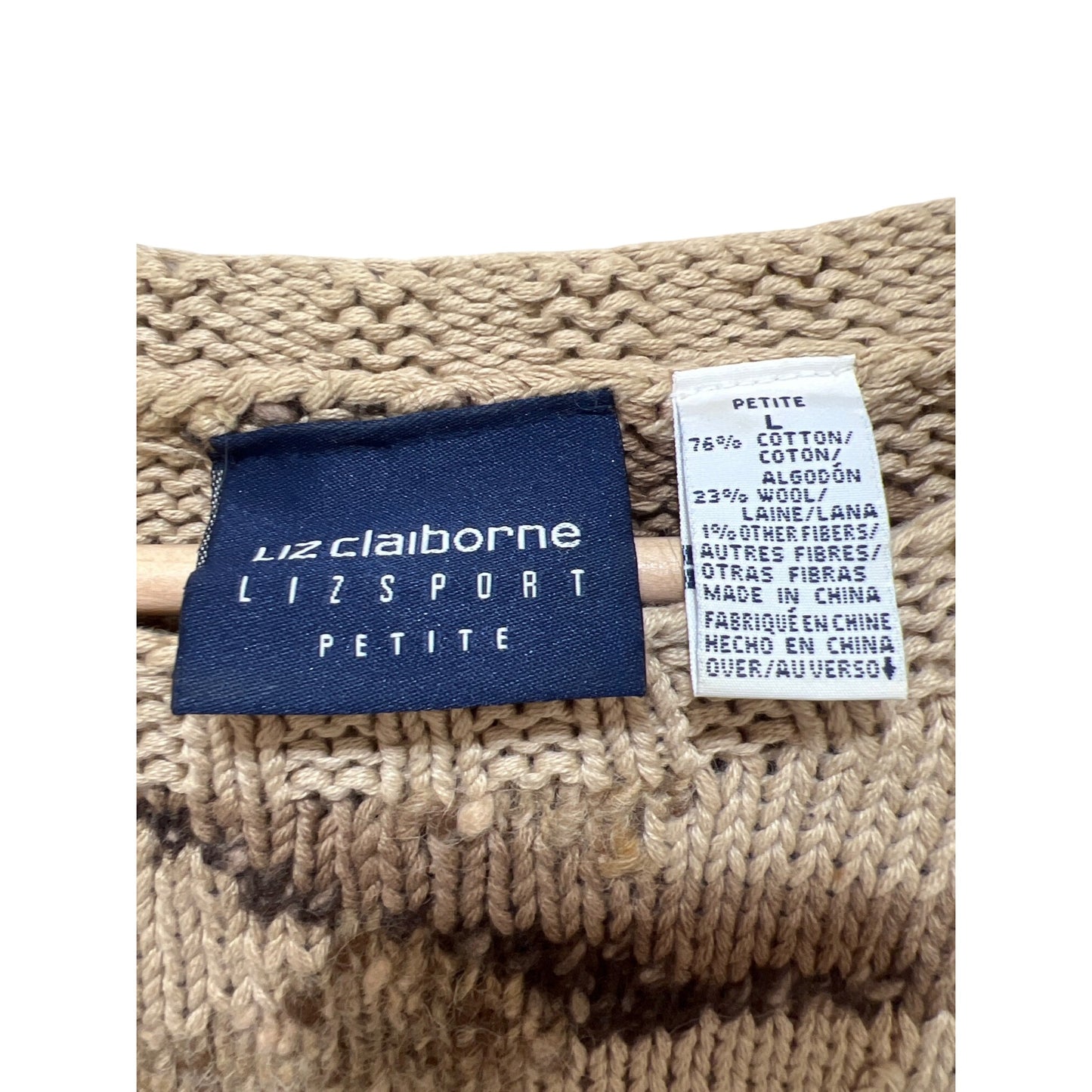 Liz Claiborne Lizsport Petite Sweater Beige Woodland Knit Koala on Branch Cotton Wool Blend