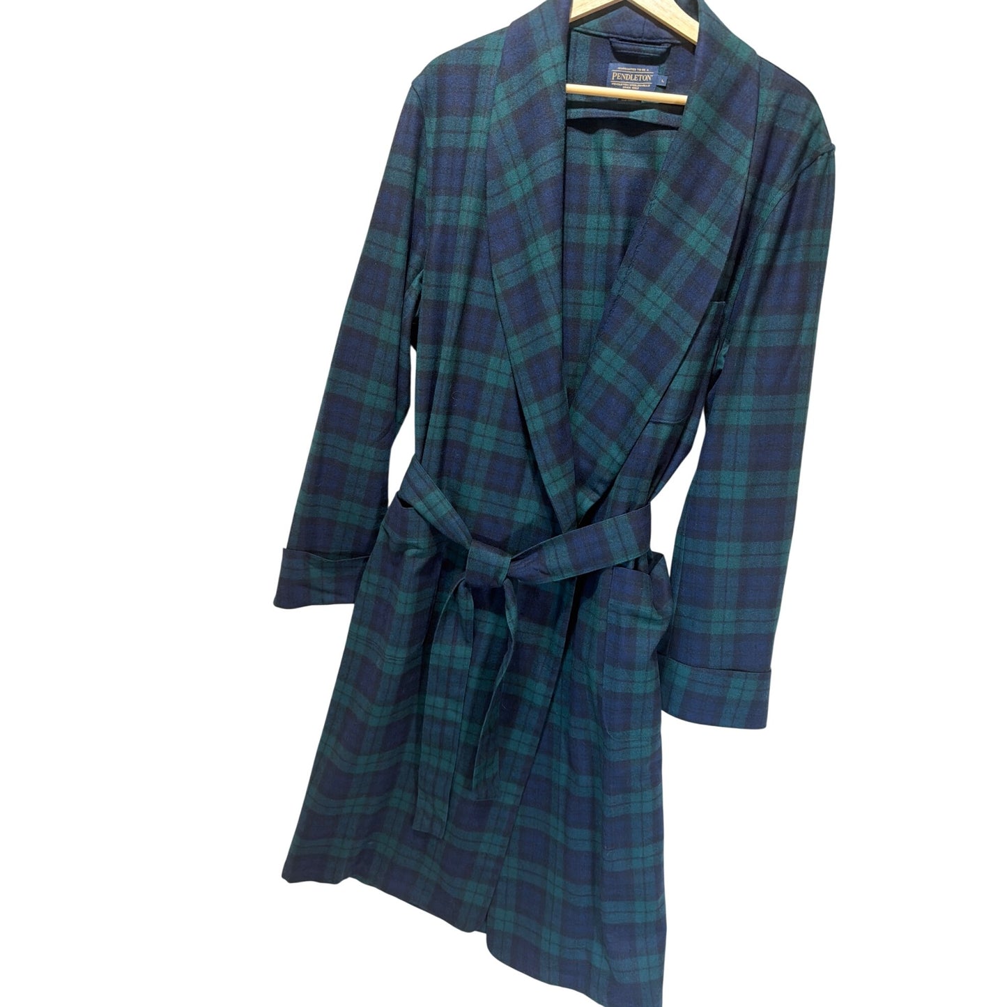 Pendleton NWOT Mens Wool Robe In Black Watch Plaid With Belted Waist & Shawl Collar Size L