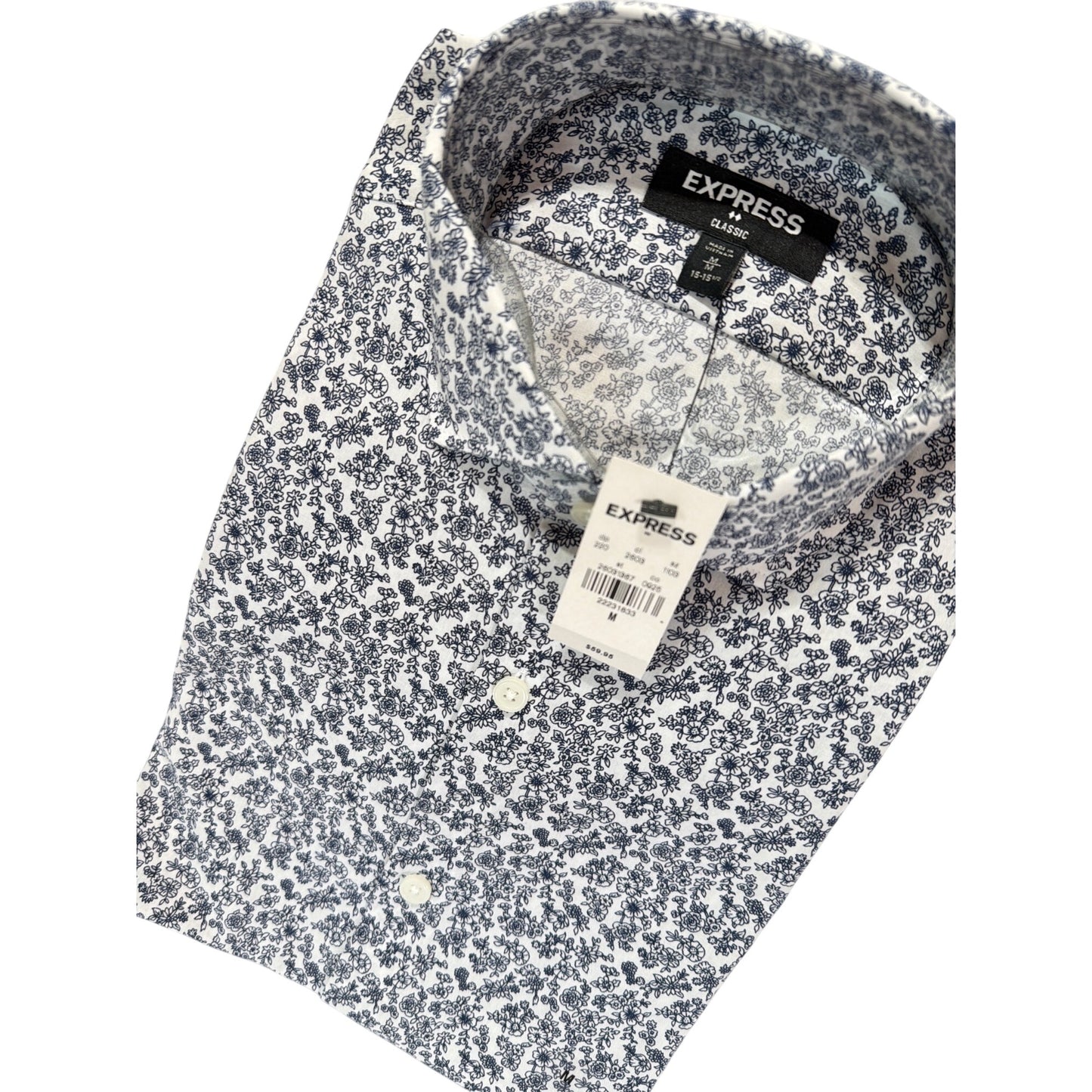 Express NWT Mens Classic Fit Blue & White Floral Print Button-Up Shirt Medium Cotton Blend