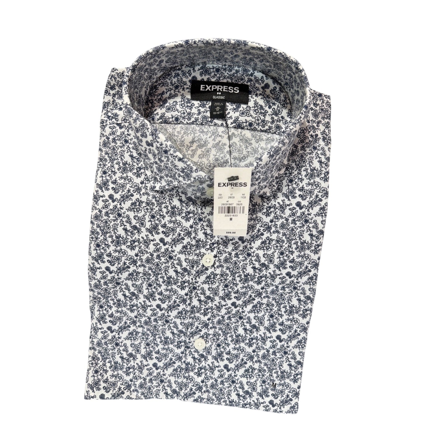 Express NWT Mens Classic Fit Blue & White Floral Print Button-Up Shirt Medium Cotton Blend