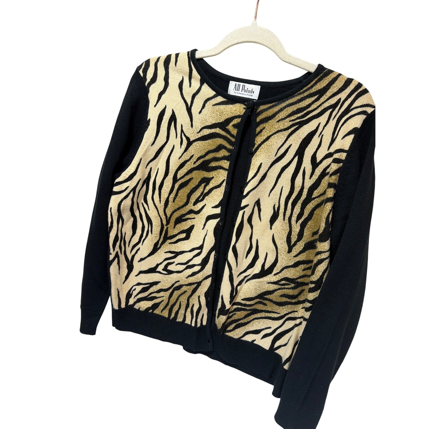 All Points Vintage 90s Black & Gold Zebra Print Button-Up Sweater Size Medium