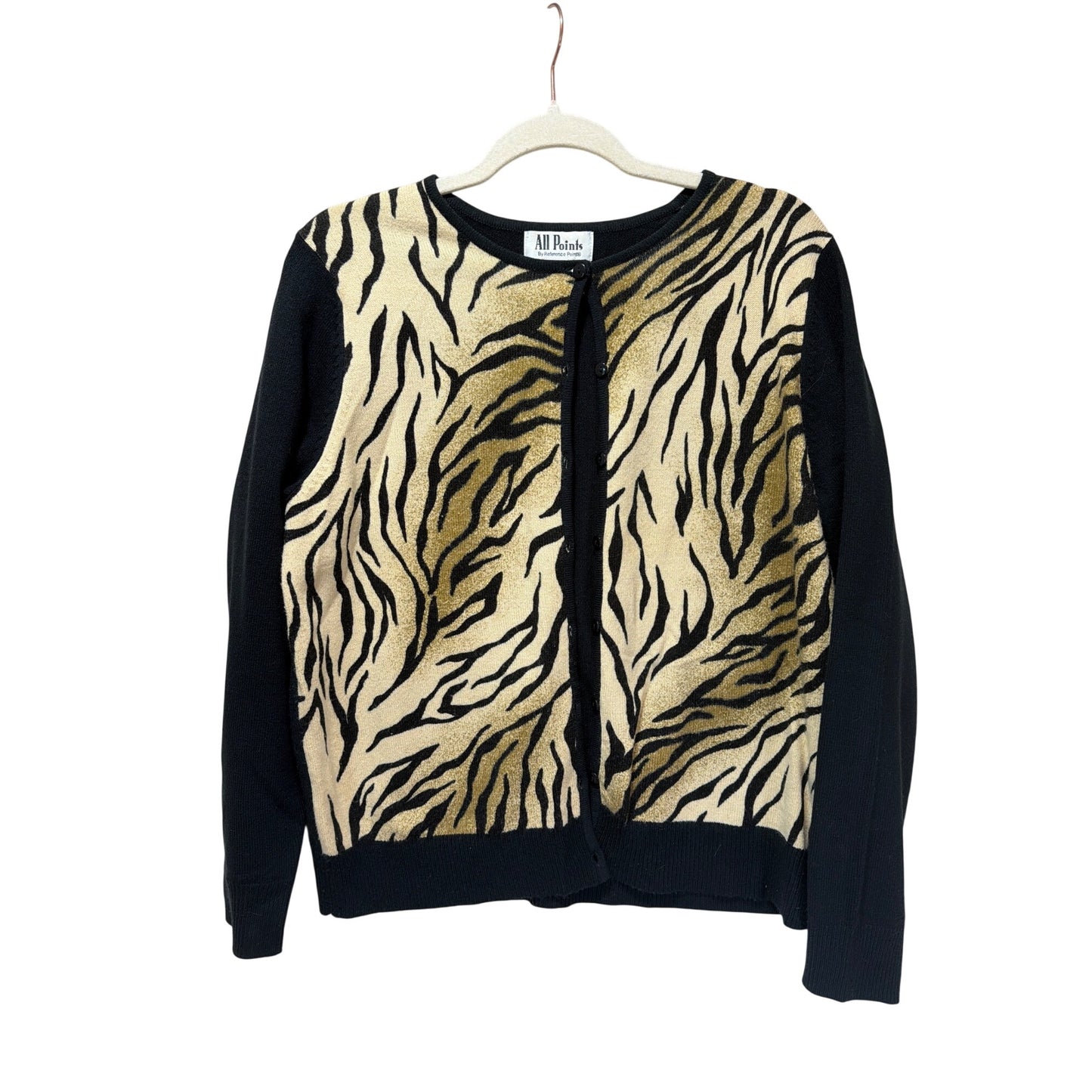 All Points Vintage 90s Black & Gold Zebra Print Button-Up Sweater Size Medium