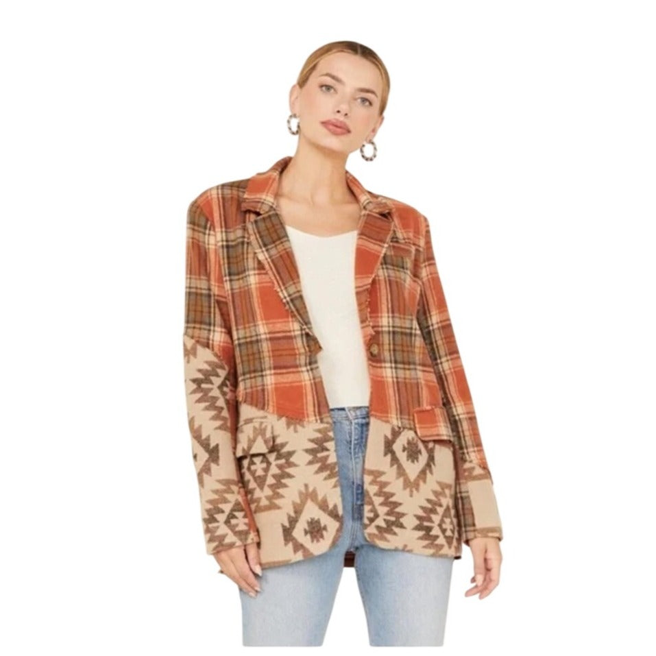 Miss Me Mixed Print Plaid & Aztec Patchwork Blazer Jacket - Medium
